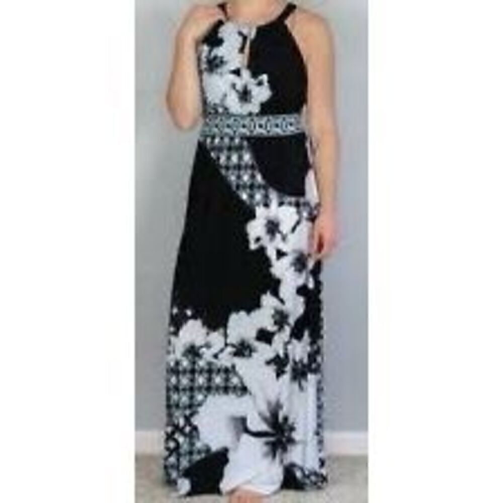 White House Black Market Women’s Size Small Maxi Dress Black White Floral Print